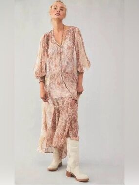 Free People Paisley V-Neck Maxi Dress in Rust and Cream